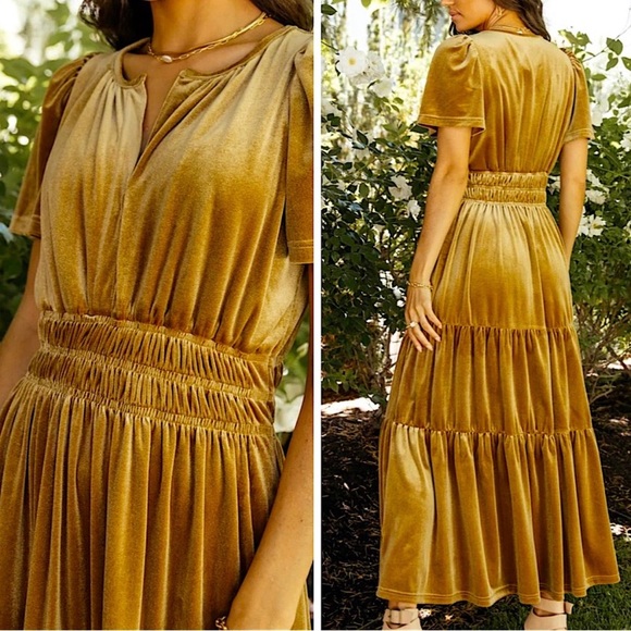 New Gold Velvet Maxi Dress Short Sleeve Formal V-Neck Holiday Gown - Picture 3 of 5